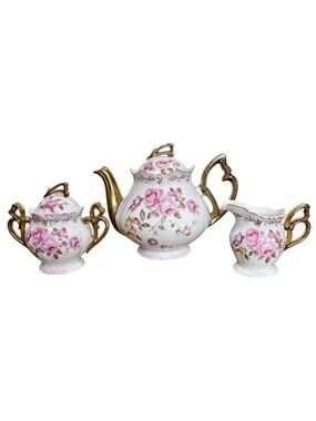 Lefton China Tea Set Hand Painted Pink Rose Gold 5-Piece‎ Teapot Creamer Sugar